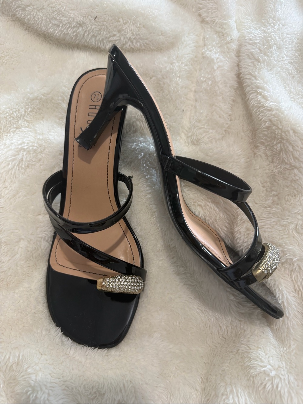 Black Patent Strappy Heeled Sandals with Crystal Accent